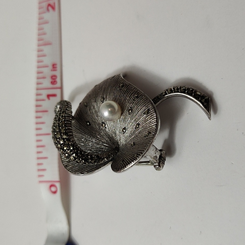 Theodore Fahrner Original Sterling Silver Marcasite FW Pearl Heart Brooch Pin - Picture 13 of 15